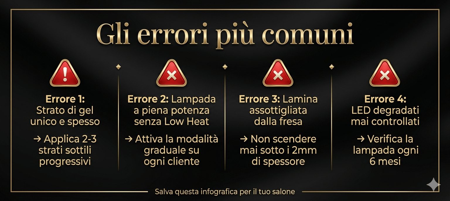 infografica errori più comuni onicotecnica con gel che brucia o non polimerizza in lampada UV LED — soluzioni professionali Hony Nails